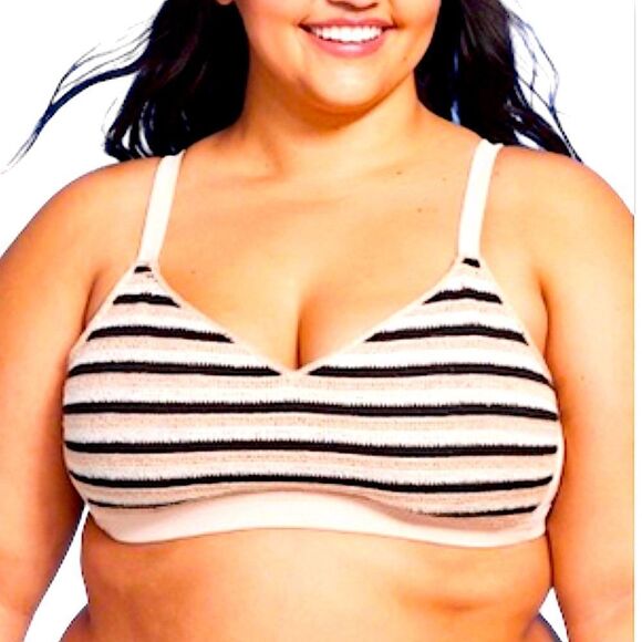 Plus size 2X bikini top with pink, beige & black crocheted knit front. Adj strap - Picture 2 of 12